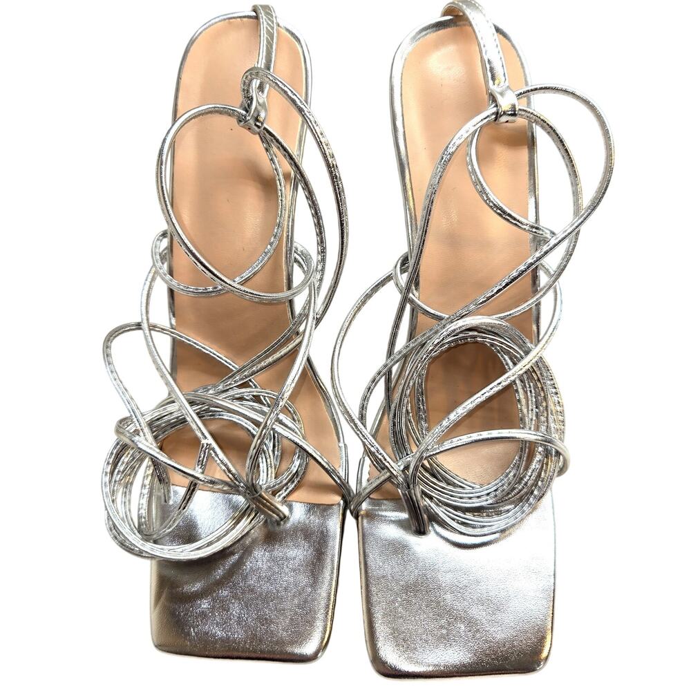Women's 9.5 Silver Leg Wrap Sandals 4 Inch High Heel Shoes 9 1/2